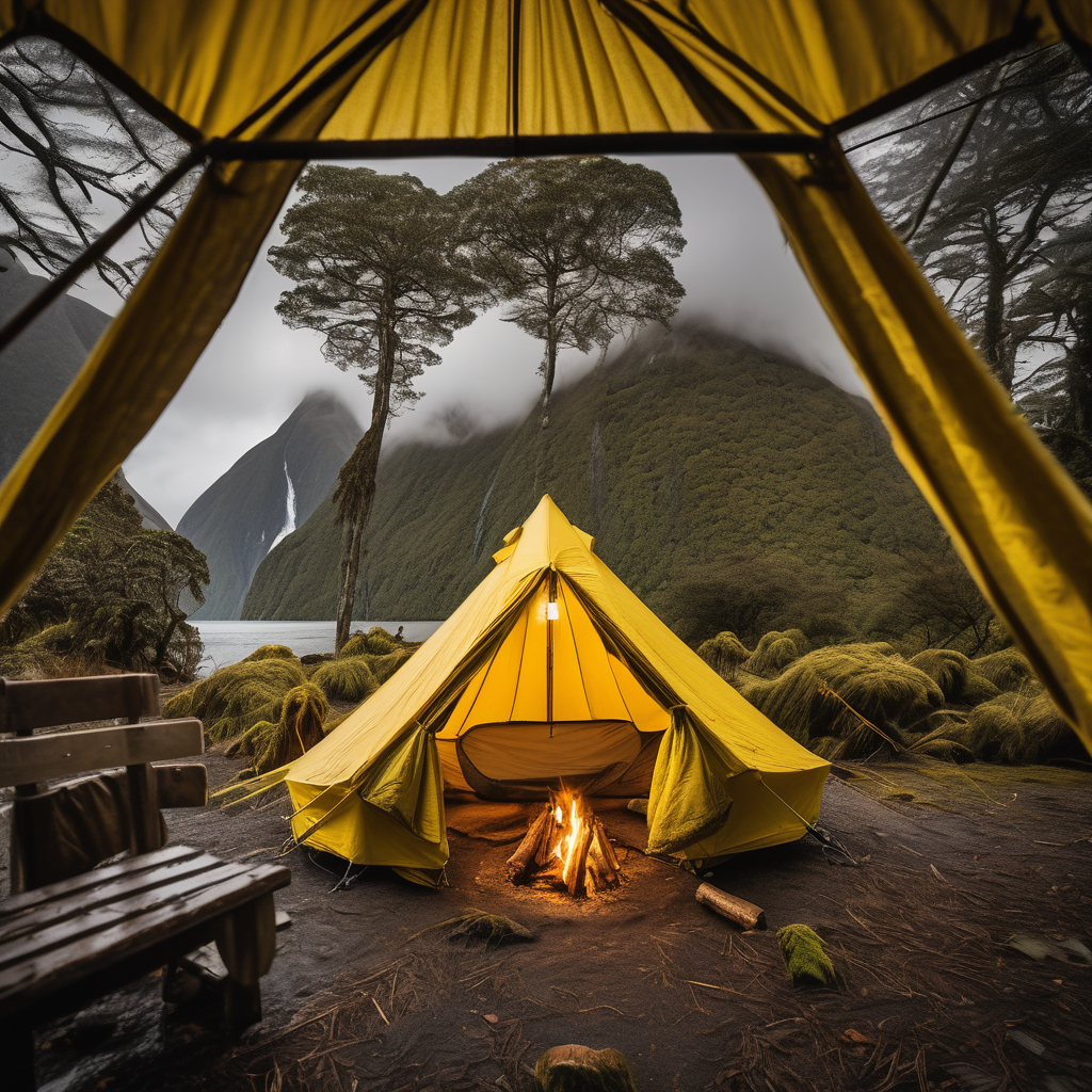 A bright yellow tent opens to a peaceful campsite in Milford Sound. Mossy trees surround a hammock, a clothesline, and a cozy campfire under a cloudy sky.