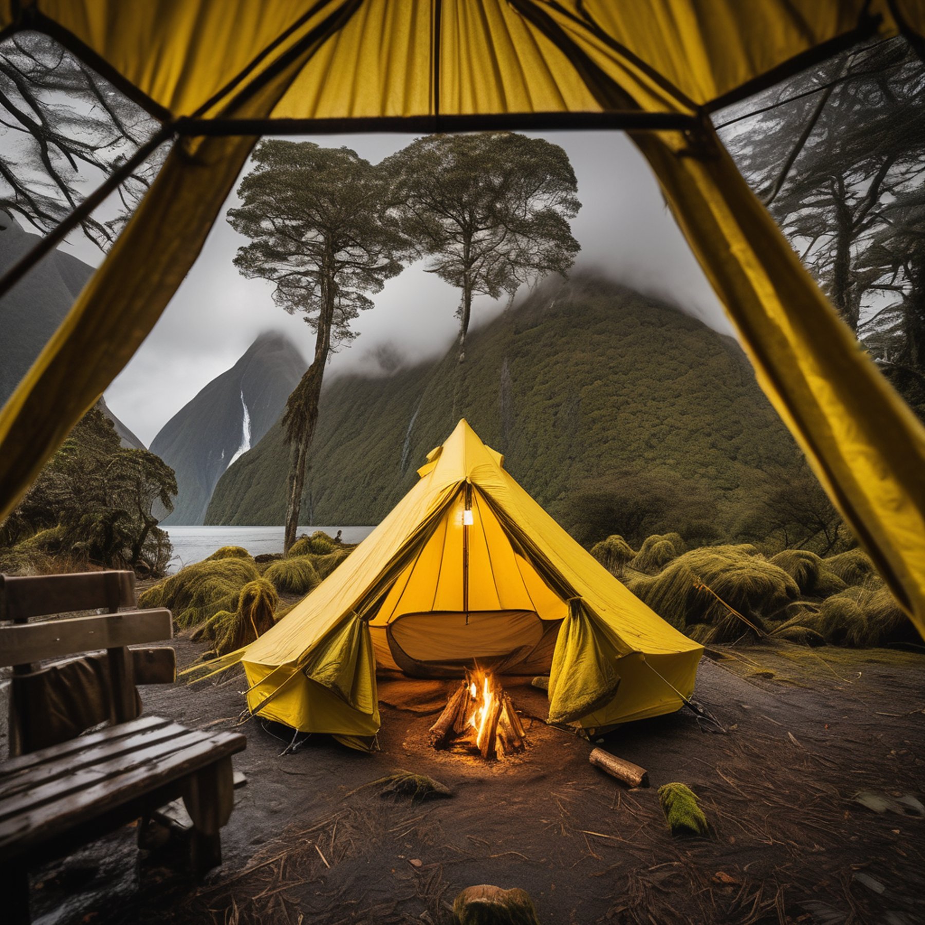 A bright yellow tent opens to a peaceful campsite in Milford Sound. Mossy trees surround a hammock, a clothesline, and a cozy campfire under a cloudy sky.