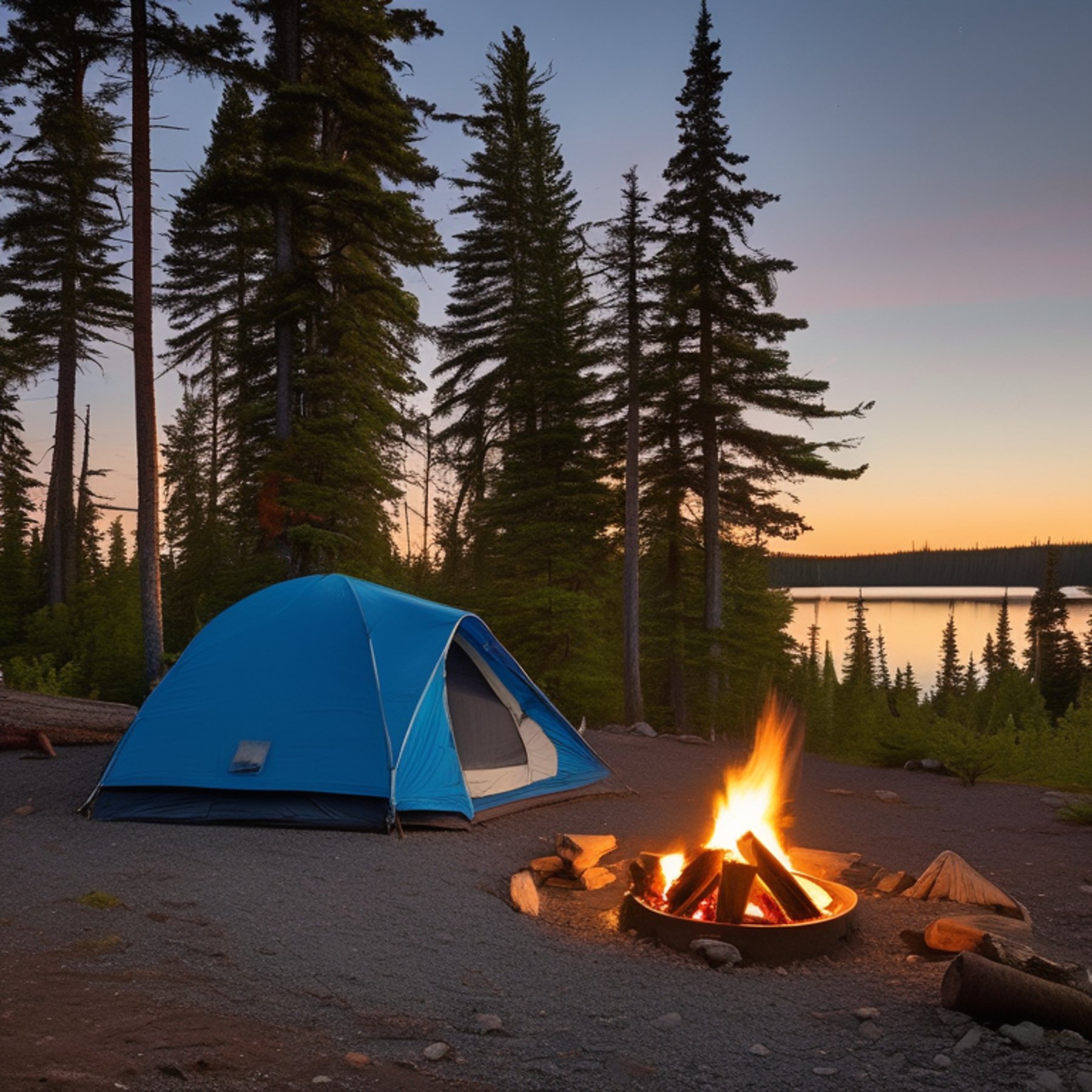 A blue tent rests on a dirt campsite in Isle Royale National Park as the sunrise fills the clear sky with warm light. Hikers gather near a crackling campfire, with logs, gravel patches, and a clothesline adding to the cozy camp.