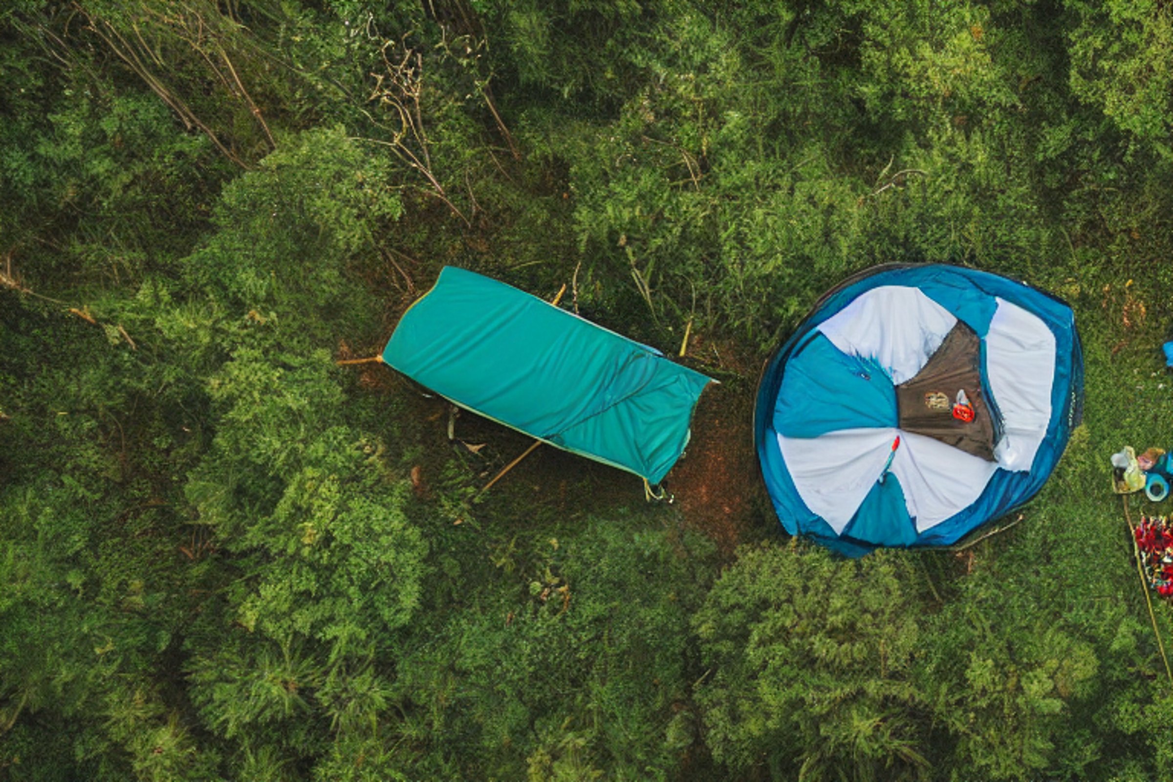 A teal Subaru sits beside a cozy campfire in a sunny forest in Zhangjiajie, China. Its rooftop tent is open, with clothes hanging nearby and colorful flowers scattered across the ground. Rugged mountains and small trees create a peaceful sunset campsite.