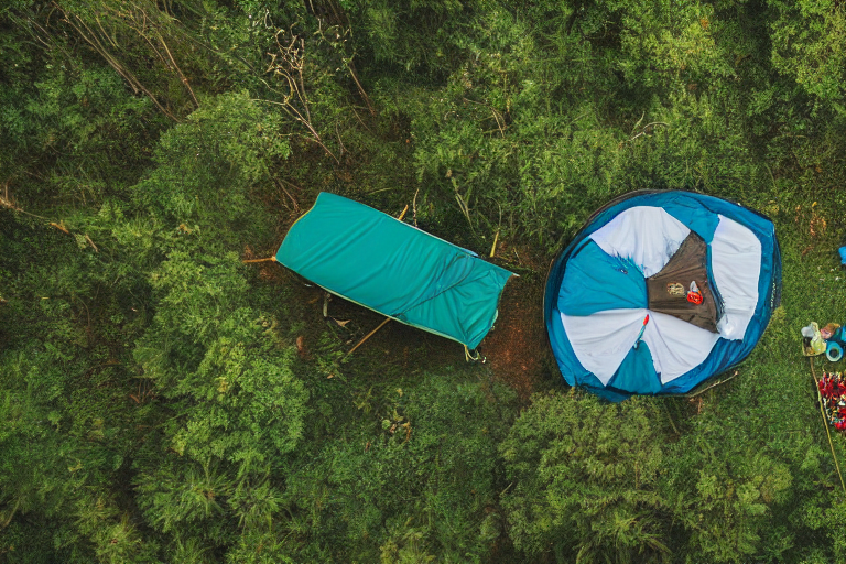 A teal Subaru sits beside a cozy campfire in a sunny forest in Zhangjiajie, China. Its rooftop tent is open, with clothes hanging nearby and colorful flowers scattered across the ground. Rugged mountains and small trees create a peaceful sunset campsite.