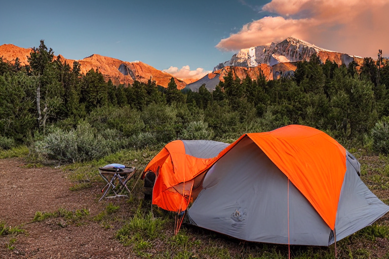 A gray and orange tent rests on a sunny dirt clearing in Colorado. Large bushes and scattered stones surround the campsite, while a mountain rises in the distance under the warm sunset sky.
