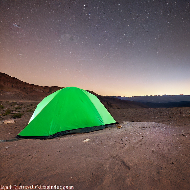 A green and tan tent rests on a paved campsite in Death Valley beneath a star-filled, snowy sky. Hikers gather near a warm campfire, with a large log nearby and dark mountains rising in the distance.