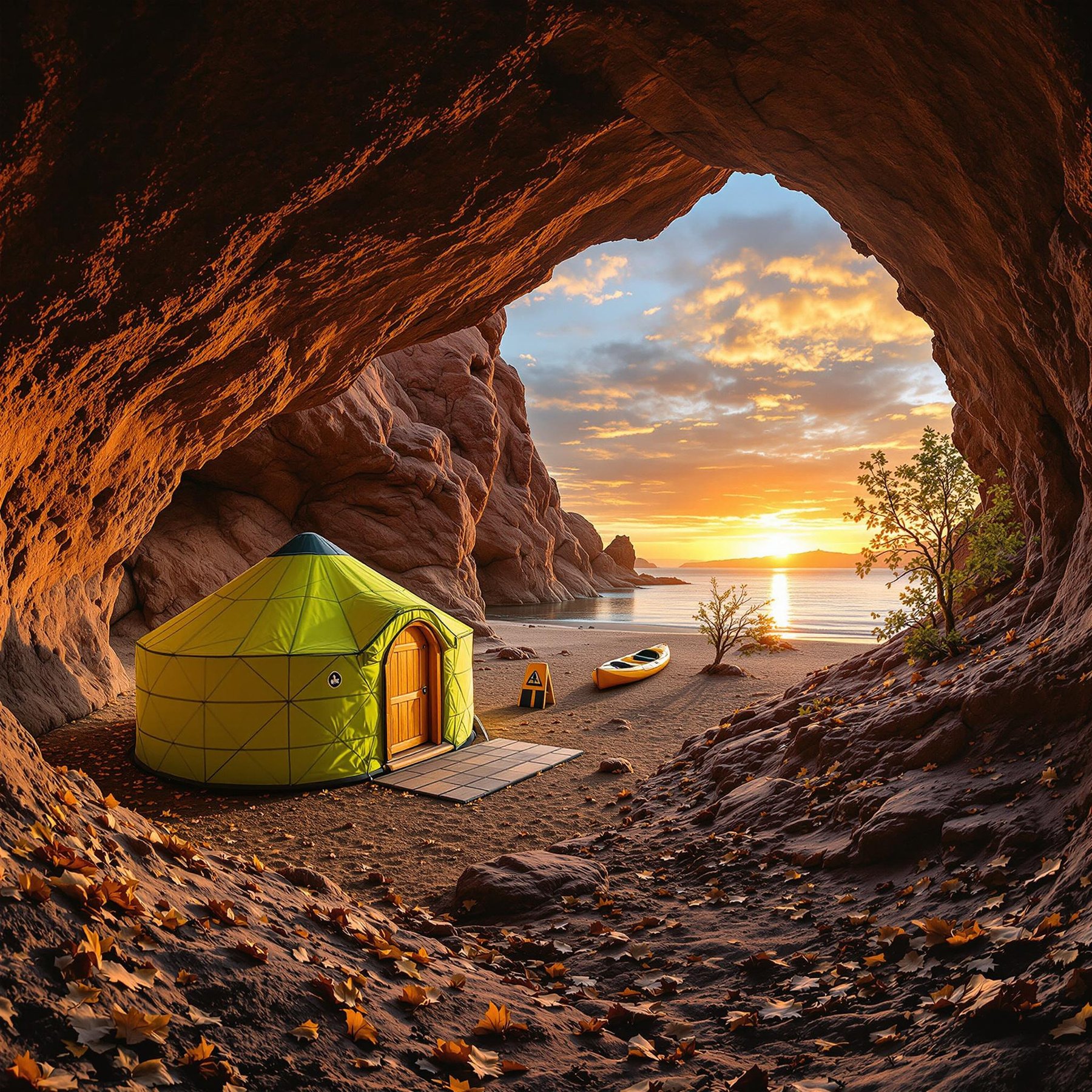 Nestled in a cozy cave by the sea, this campsite glows under a breathtaking sunset. A bright green tent stands invitingly near the water’s edge, with a kayak ready for adventure. The gentle waves and warm colors create a peaceful, magical atmosphere.
