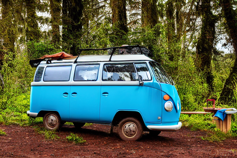 A blue campervan rests on a quiet dirt campsite by the California coast. Rainy sunset light glows over ferns and fallen leaves, while a wooden guitar sits nearby. A pale moon hangs in the distant sky.