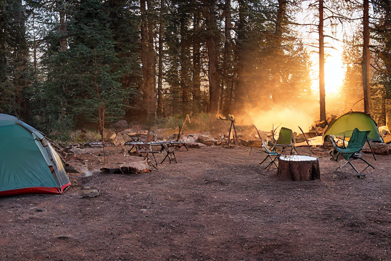 A green tent rests on a dirt campsite along the California coast as dusk settles over the forest. Camping chairs sit near a crackling fire ringed with stones, while a deer watches from the distance.