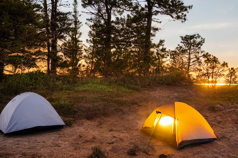 A cozy tent rests on a rough campsite near San Diego Beach as the sun sets behind the fog. A small stream winds through the dirt, while a distant camper’s flashlight glows nearby.