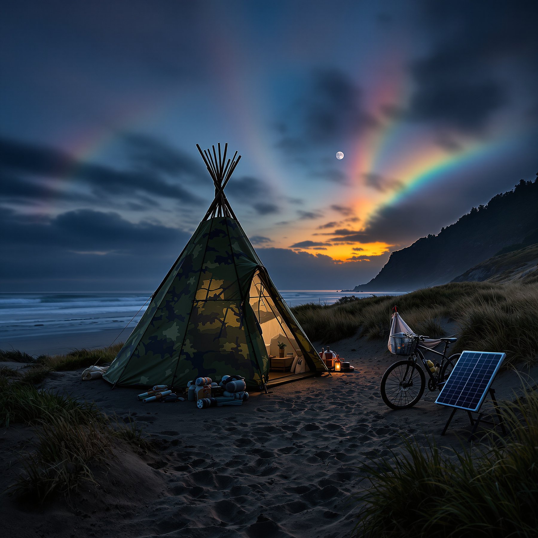 This campsite sits on soft sand by the ocean, with a cozy tent glowing under a colorful sunset sky. A bike and solar panel rest nearby, and the moon shines above the waves. It's a peaceful place to relax and enjoy nature.