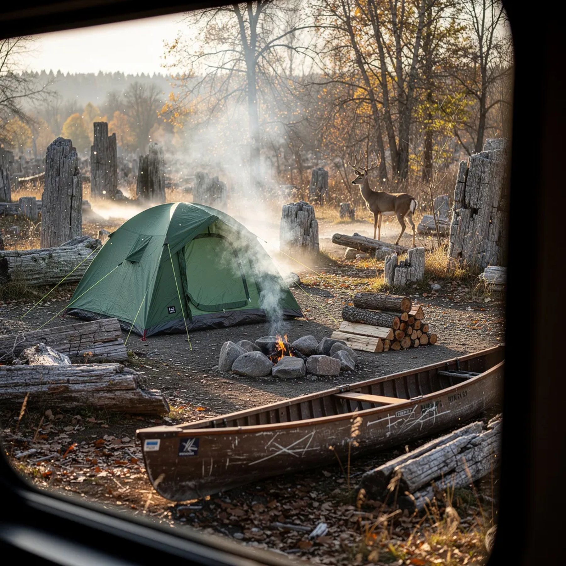 A quiet campsite sits in a petrified forest, with crunchy leaves on the ground and golden afternoon light slipping through bare branches. A green tent rests by a stone fire ring where a few logs smoke softly, and a weathered canoe lies near the clearing. Thin mist hugs the low spots, tiny fireflies flicker in the shade, and a deer watches from the treeline.