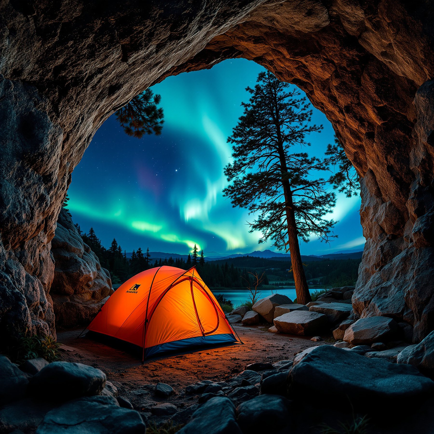 A bright orange tent sits cozy inside a cave, looking out at tall trees and a glowing lake. The night sky is alive with amazing green and blue northern lights. It feels safe, magical, and full of adventure.