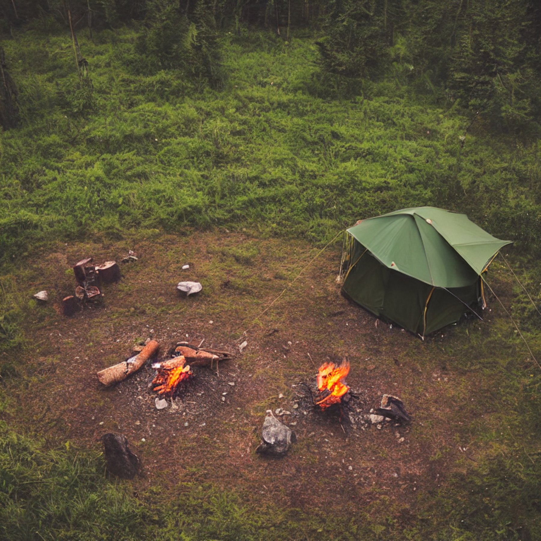 A green tent rests on a quiet mountain campsite surrounded by tall grass and forest. A warm campfire glows among a ring of stones as the cloudy sunset fills the sky. A small dirt path and parking spot complete this peaceful outdoor scene.