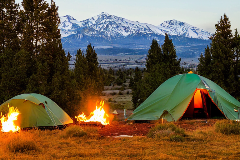 A green tent rests on a quiet paved campsite in the Idaho plains. Tall trees shade the campfire and logs, while a large rock sits nearby. In the distance, mountains glow beneath the clear sunset sky.