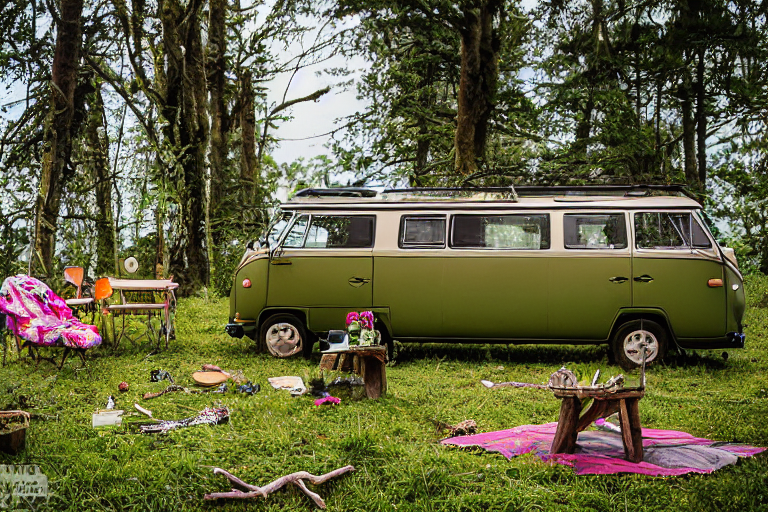 A green and tan campervan rests beside a beach campsite at rainy dusk. A warm campfire glows near the camping chairs, while flowers, mossy trees, and a mountain frame the ocean view.