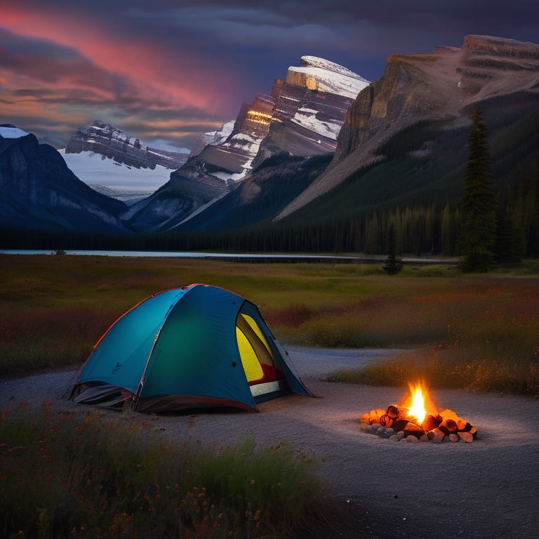 A colorful tent glows beside a campfire on a snowy night in Banff National Park. A dirt path leads toward rolling hills, while a lantern lights the quiet campsite.