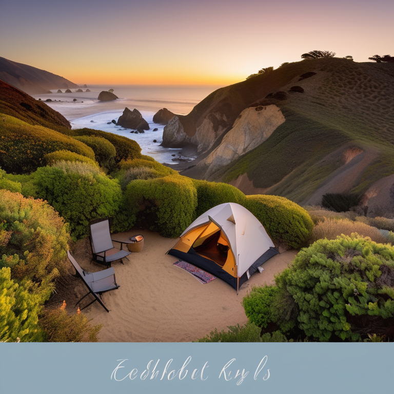 A tan tent rests on a quiet campsite in Big Sur as the sun sets. Large bushes, stone patches, and a rocky outcrop surround the sandy ground. Surfers enjoy the nearby coast beneath a clear golden sky.