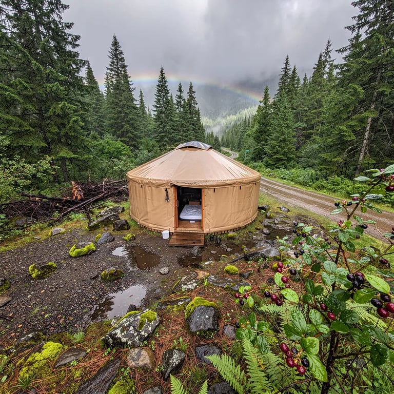 A tan canvas yurt sits in a quiet forest clearing, on rocky ground covered with moss and wet pine needles. Everything looks fresh from the rain, with water drops shining on the leaves and stones. A little dirt road and small gravel pullout lead to the camp, and a berry bush with ripe berries grows nearby. Far away, a faint rainbow peeks through the gray morning clouds.