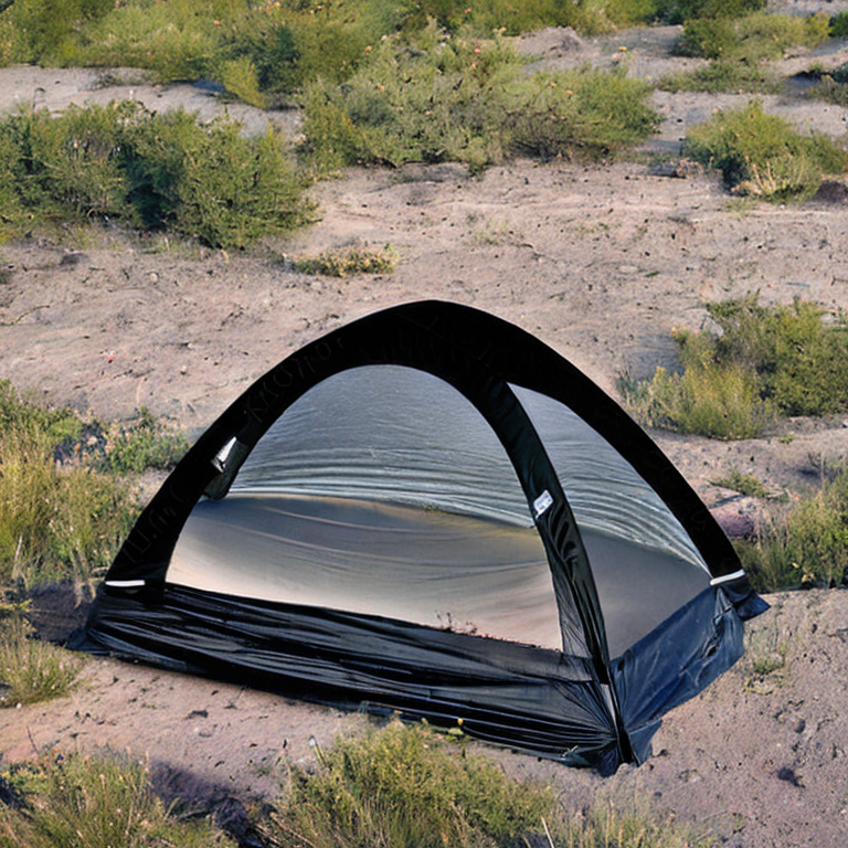 A black tent rests on a quiet dirt campsite in a petrified forest. Small trees, berry bushes, and green ferns surround the clearing, while a nearby parking spot adds a practical touch. The clear sunset sky casts a warm, peaceful glow over the scene.