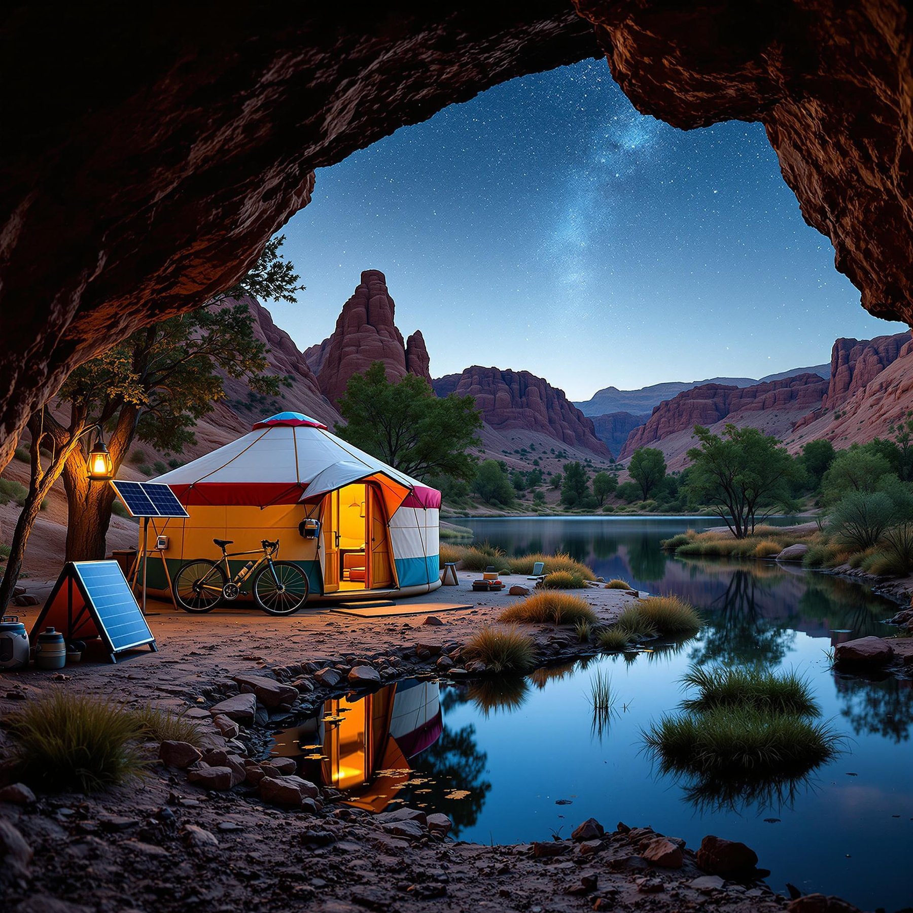 A colorful yurt rests among the red rocks, small trees, and a calm lake. A bicycle, solar panel, and glowing lantern add a cozy touch. Seen from a cave entrance, the breezy campsite feels peaceful and bright.