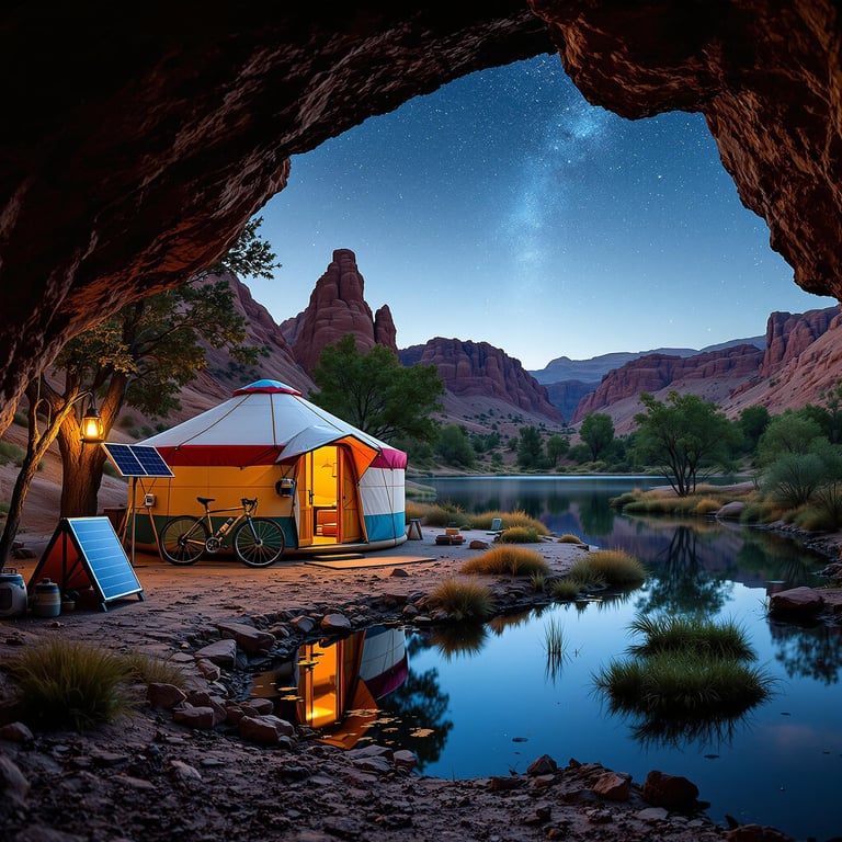 A colorful yurt rests among the red rocks, small trees, and a calm lake. A bicycle, solar panel, and glowing lantern add a cozy touch. Seen from a cave entrance, the breezy campsite feels peaceful and bright.