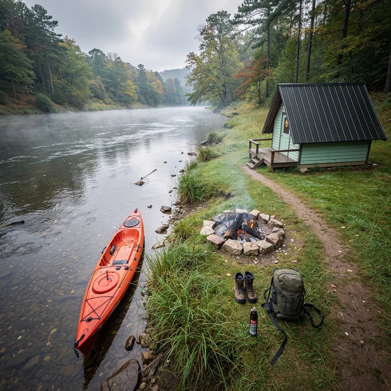 A quiet river winds past a misty, muddy shore with tall grass still wet from rain. A mint-green A-frame cabin sits near the water, and a lone kayak rests on the bank. By a small fire ring, hiking boots dry beside a backpack and bear spray, ready for the day’s adventure.
