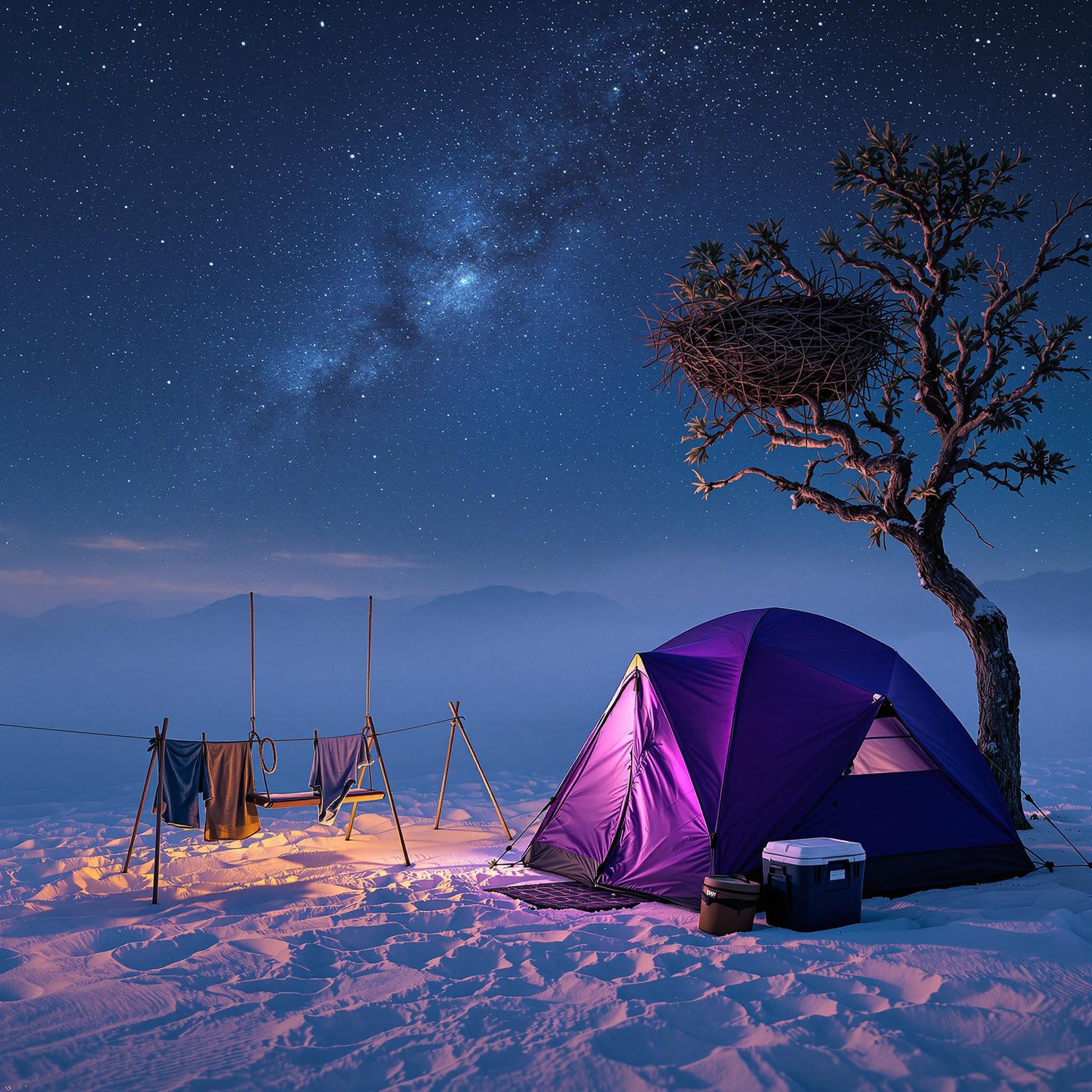 Under a blanket of sparkling stars, a cozy purple tent sits on snowy ground beside a tree with a big nest. The cool night air whispers through the mountains while clothes hang nearby, gently swaying in the breeze. It's a magical place where dreams meet the sky.