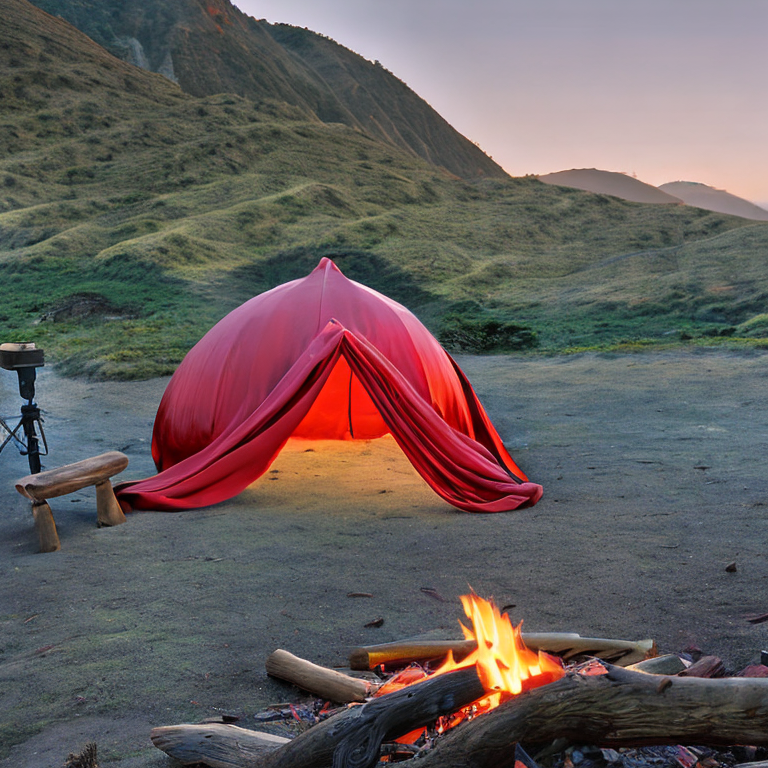 A bright red tent rests on a quiet campsite in Big Sur as the sun rises behind the mountains. Mist drifts through the cool morning air, while a guitar, stones, and a warm campfire create a cozy outdoor retreat.