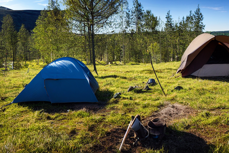 A cozy brown tent rests on a sunny dirt campsite in Norway. Rolling green hills stretch into the distance, while camping chairs, a clothesline, and a small campfire add a welcoming touch.