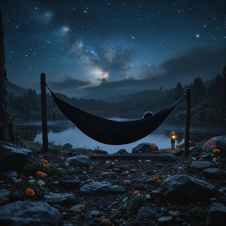 A black hammock rests among flowers and rocky stones in the Ozark night. Rain falls beneath a sky full of stars, while a distant camper’s flashlight glows softly.