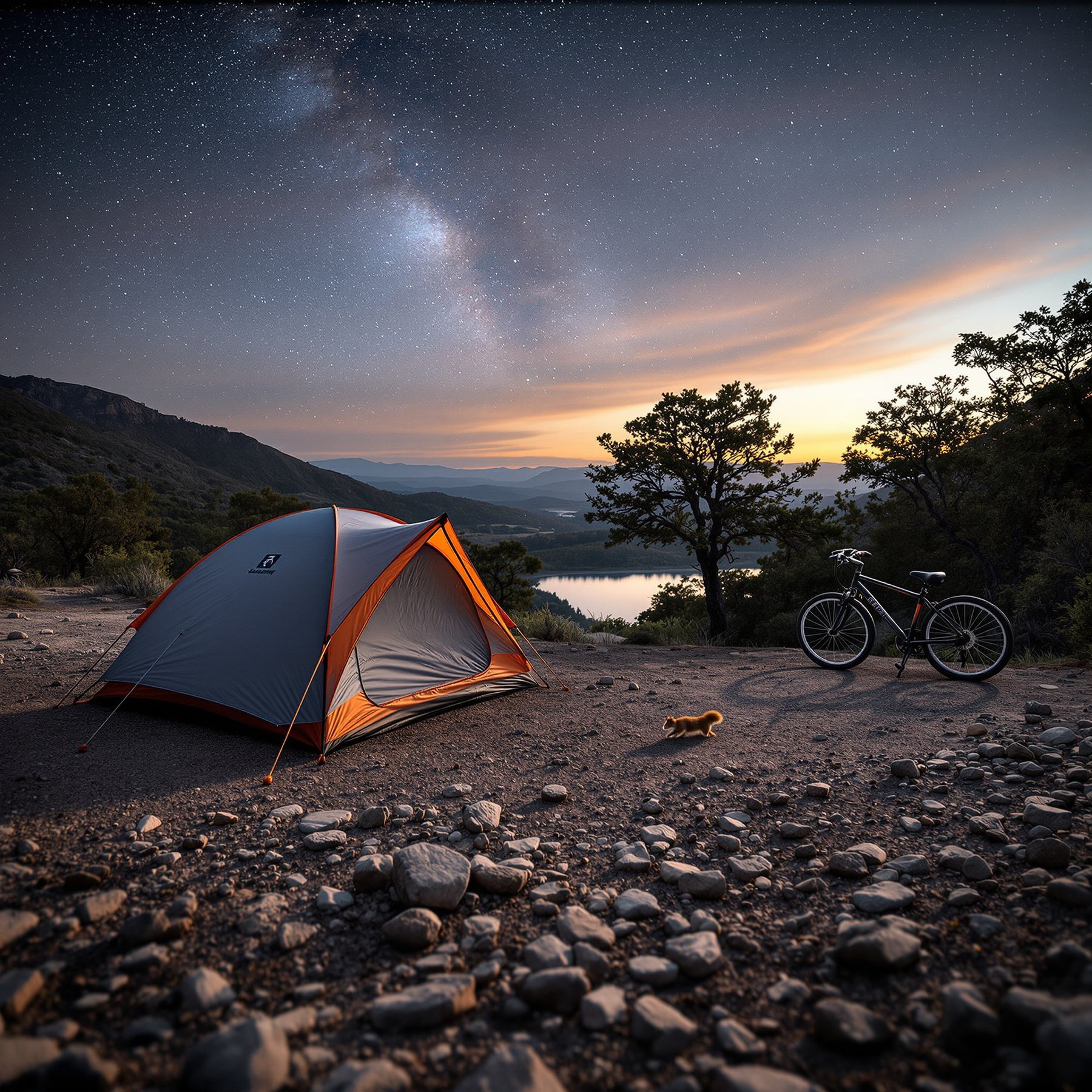 Camp under a starry sky beside a quiet lake and rolling mountains. A cozy tent and a bike wait by the trees, while a little squirrel scurries across the rocky ground. The air feels calm and peaceful as the sun sets.