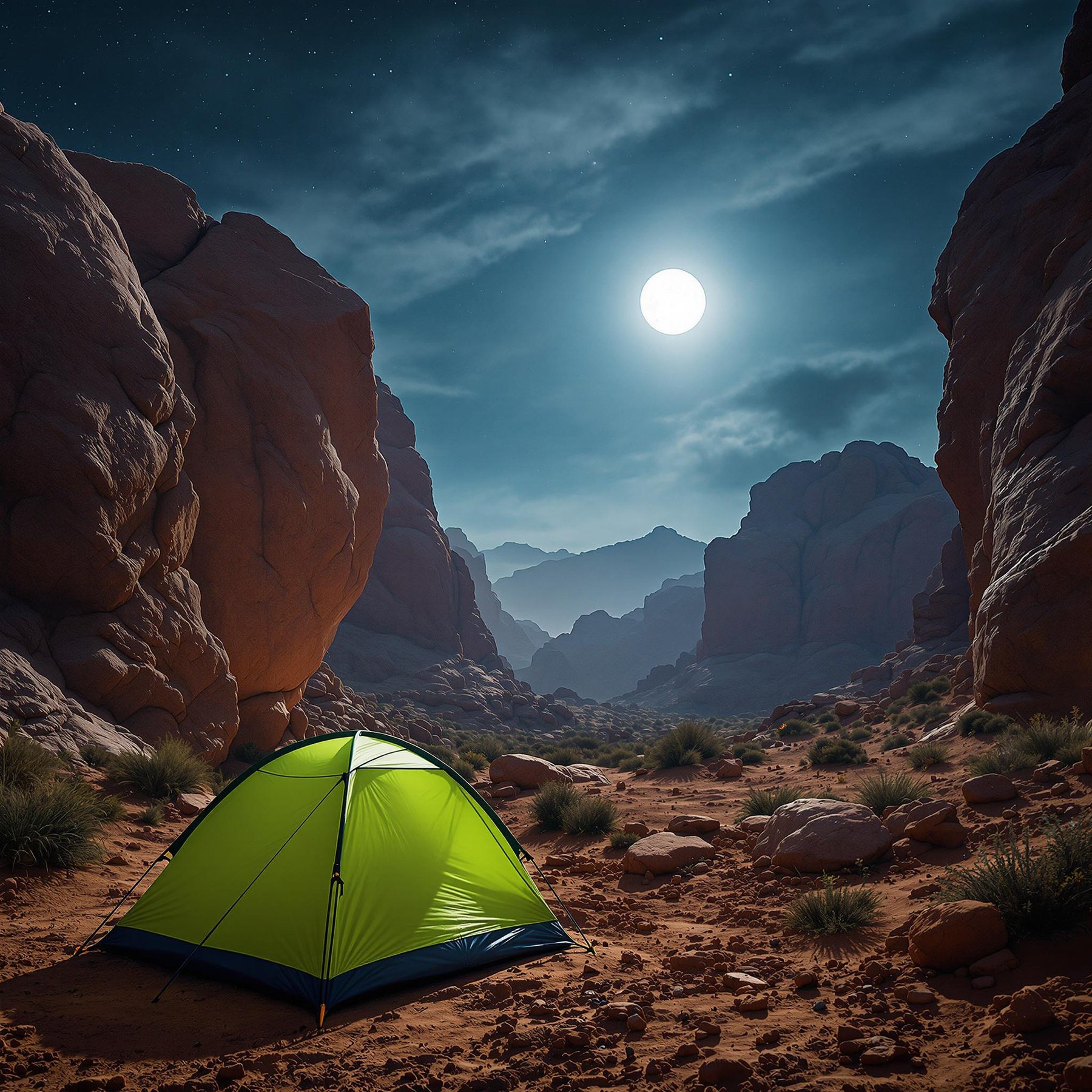 A bright lime green tent rests on the dusty ground beneath the red rocks of Red Rock Canyon. A full moon glows through the hazy night as hikers and monarch butterflies pass by. From the hammock, the scene feels quiet, dreamy, and peaceful.