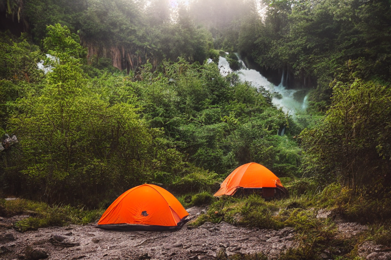 An orange tent rests on a dirt campsite in Plitvice Lakes National Park. Ferns, stones, and tall trees surround the spot as hikers pass nearby. Golden light shines beneath stormy clouds, creating a wild and peaceful mood.