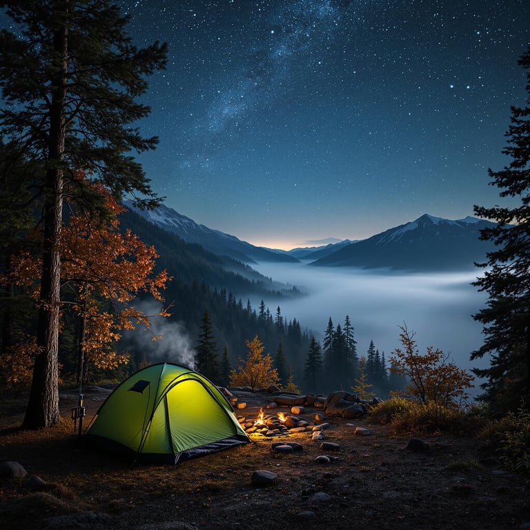 Under a starry sky, a cozy green tent glows by a crackling campfire. Tall trees and misty mountains create a magical forest scene. It's the perfect night for stories and s'mores by the fire!