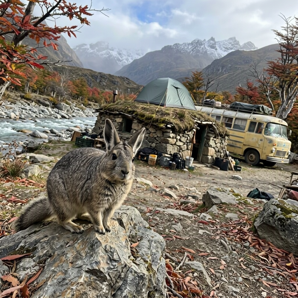 A viscacha sits on a rock in the foreground of a riverside campsite. A tent stands on the grassy roof of a stone hut, with a faded bus beside it.