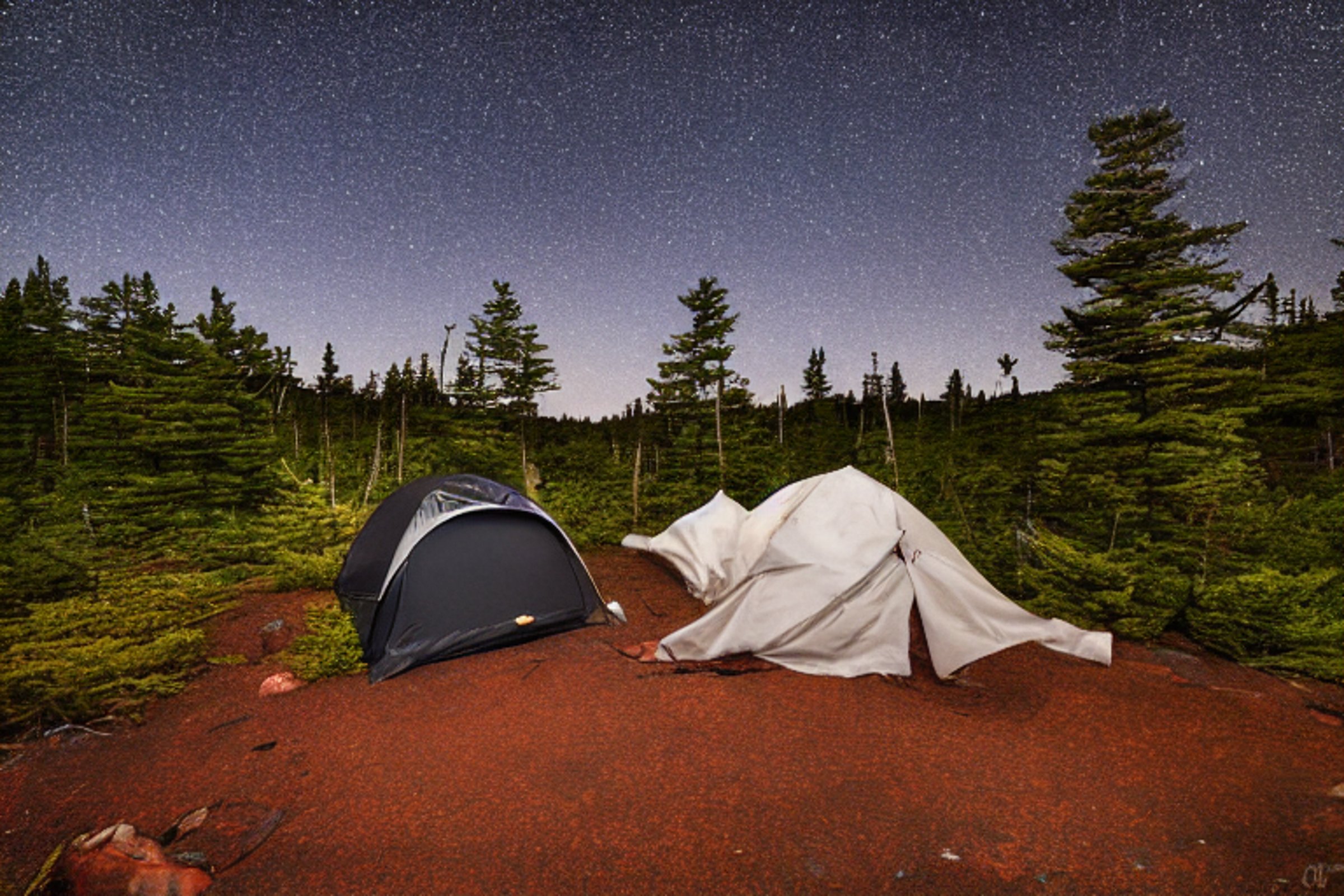 A black tent rests on a quiet paved campsite beneath a sky full of stars. Boulders, wildflowers, and a large log surround the warm campfire, creating a peaceful night in Acadia National Park.