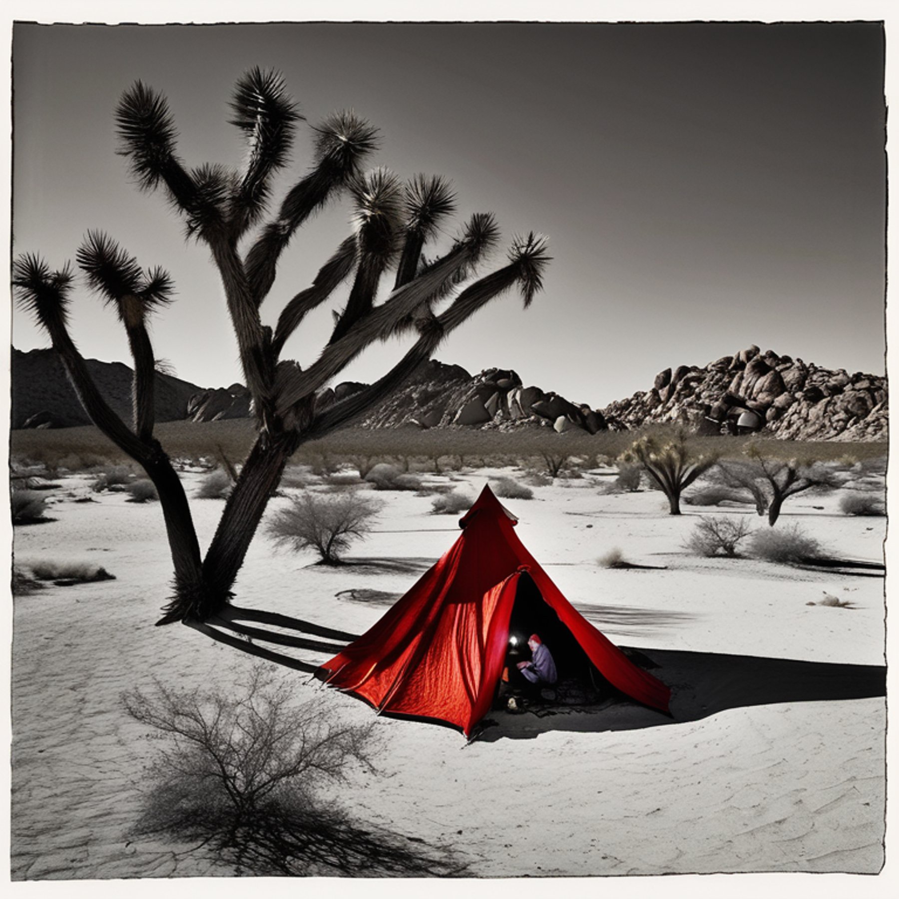 A red tent rests beside a warm campfire in Joshua Tree National Park. Tall trees and fallen leaves surround the quiet dirt campsite under a clear, starry sky. A distant hiker’s flashlight glows in the darkness.