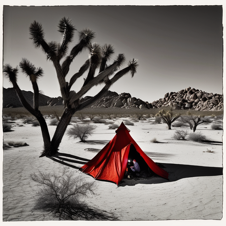 A red tent rests beside a warm campfire in Joshua Tree National Park. Tall trees and fallen leaves surround the quiet dirt campsite under a clear, starry sky. A distant hiker’s flashlight glows in the darkness.