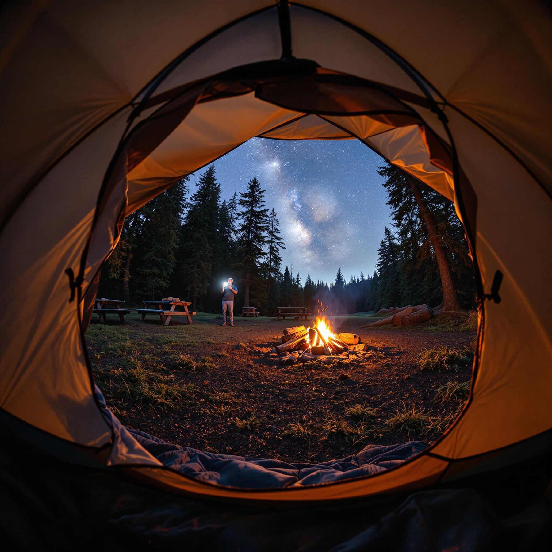 A cozy brown tent rests among tall trees in Olympic National Park. A warm campfire glows beside the picnic table, while a camper’s flashlight shines in the distance. Through the leafy clearing, stars peek through the cool, cloudy sky.