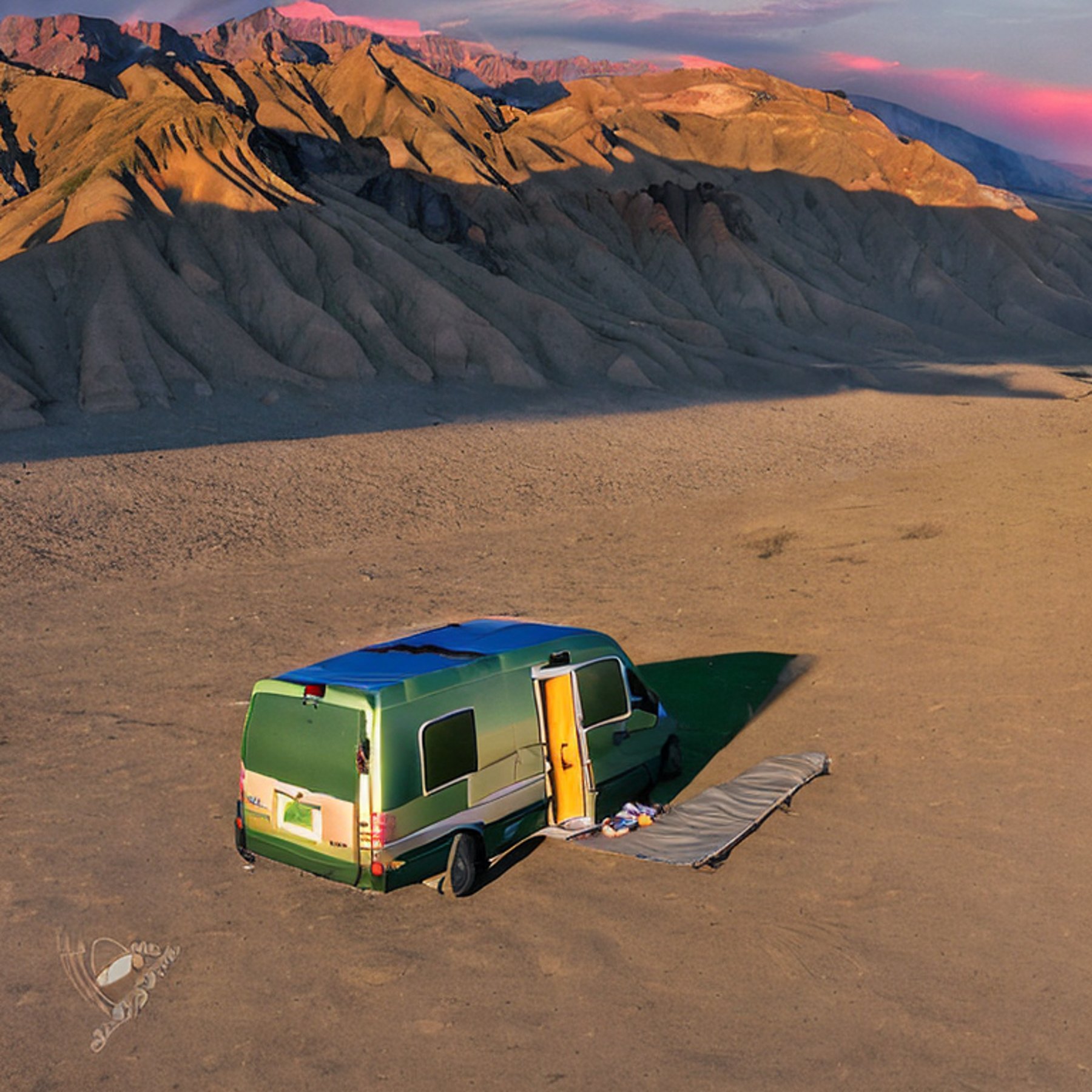 A green and tan camper van rests on a rocky dirt campsite in Death Valley. Hikers relax in camping chairs as the warm sunset colors the sky, with a pale moon rising in the distance.