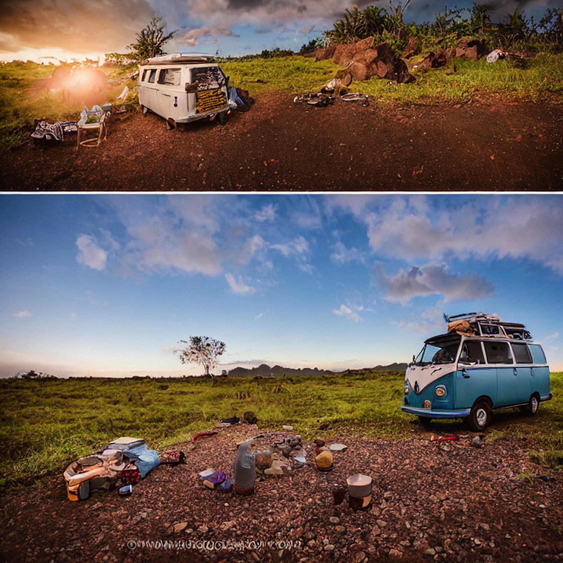 A cozy VW campervan rests on a rocky dirt campsite in Hawaii as the sun sets. Clothes hang from a nearby line, while a person shines a flashlight in the distance. The clear sky and rough land create a peaceful outdoor mood.