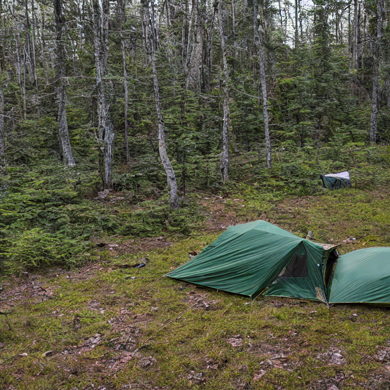A green camo tent sits on a snowy dirt clearing in the woods at dusk. A warm campfire glows beside a large log, with ferns and boulders nearby. A lone deer stands quietly in the distance.