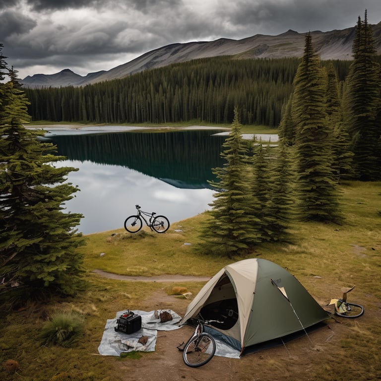 A tan tent rests beside a cold glacial lake, surrounded by ferns and tall pine trees. A bicycle waits nearby, while a fishing rod leans against a tree. Storm clouds gather overhead as the full moon shines on the quiet campsite.