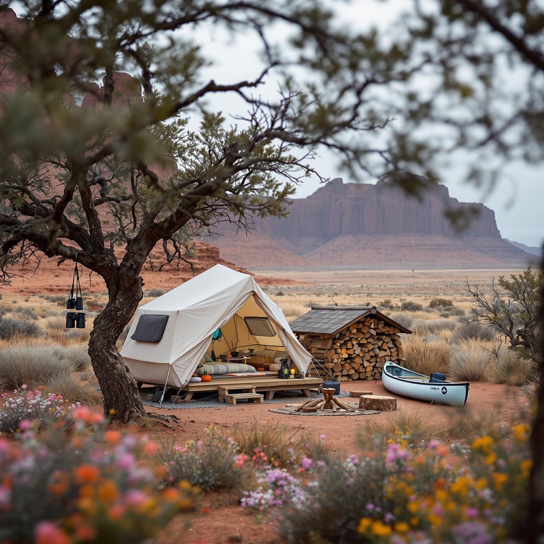 A cozy tent sits nestled in a desert paradise, surrounded by colorful wildflowers and rugged red cliffs. A canoe rests nearby, ready for adventure, while a stack of firewood promises a warm evening under the stars. The peacefulness of nature makes it a perfect place to relax and explore.