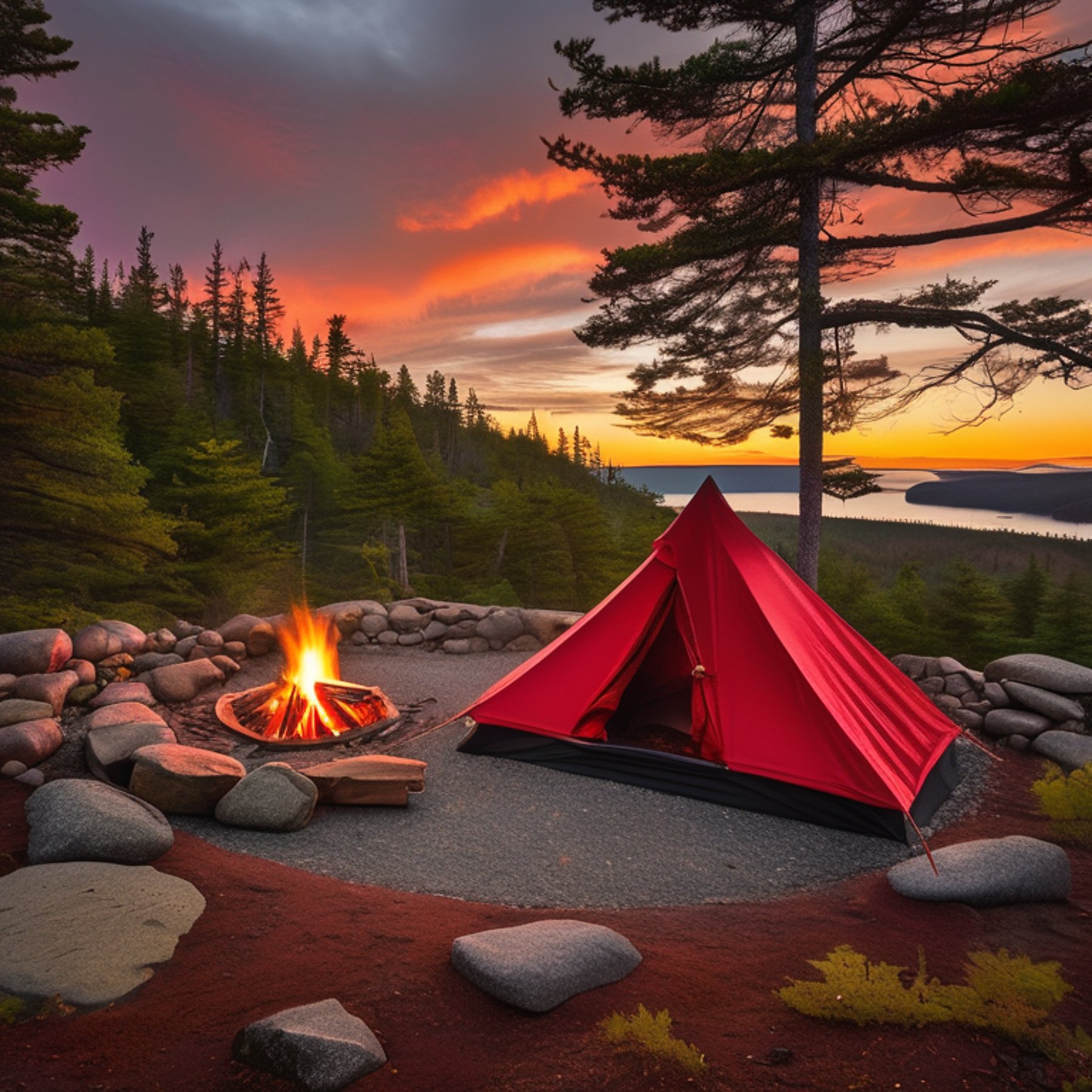 A bright red tent rests on a paved campsite in Acadia National Park. Mossy trees, fallen leaves, and rocky ground surround a stone-ringed campfire. Golden light glows beneath the stormy sky.