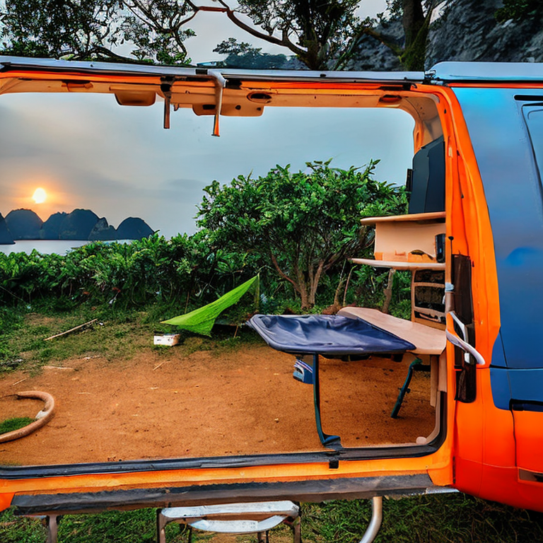 An orange camper van rests on a dirt campsite as soft sunrise light brightens the cloudy sky. Small trees and thick bushes surround the peaceful spot, with a backpack and glowing lantern nearby.