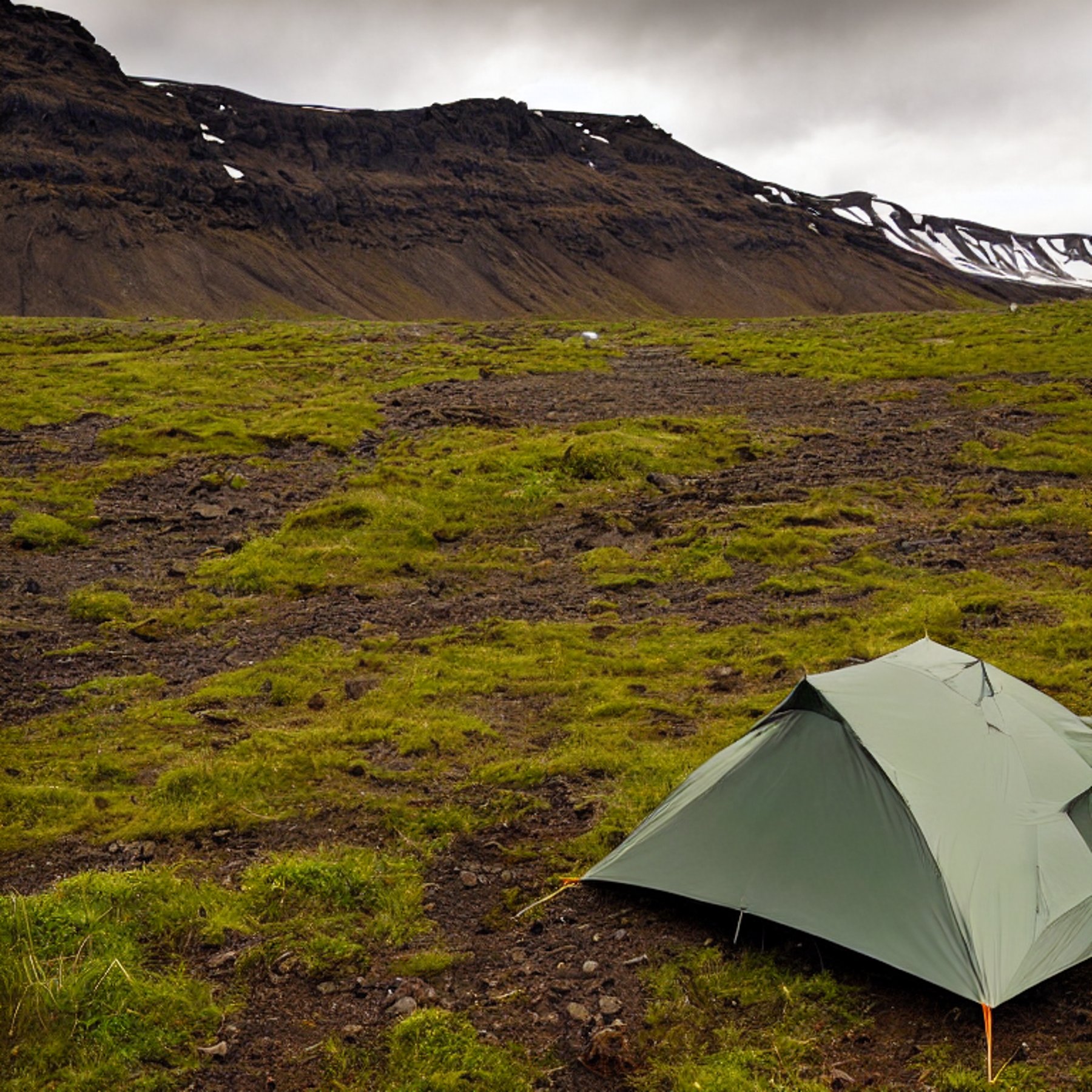 A cozy tent rests on a dirt patch in the wild Icelandic landscape. Small trees and tall grass surround the campsite, while misty mountains rise in the background under stormy skies. A warm flashlight glows inside the tent.