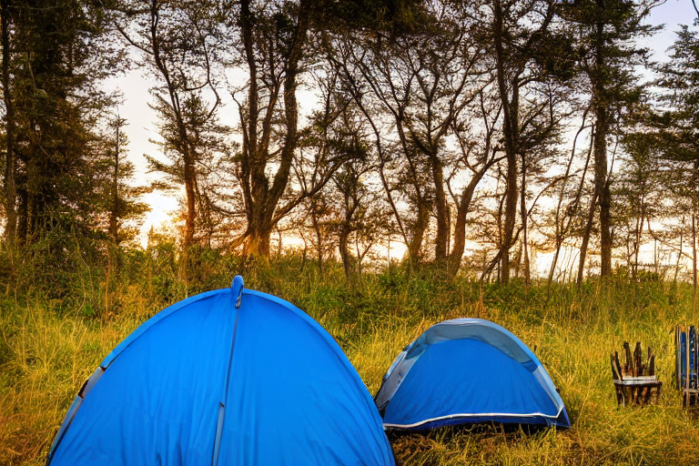 A bright blue tent rests beside a warm campfire on a sandy beach. Tall grass, rough ground, and ocean waves surround the campsite as the sun sets. Logs sit around the fire, creating a cozy place to relax.