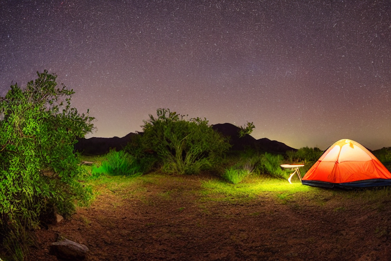 A colorful tent rests on a quiet dirt campsite beneath a star-filled sky. Big bushes and tall trees surround the area, while camping chairs sit among fallen leaves. The peaceful night feels perfect for stargazing in Big Bend National Park.