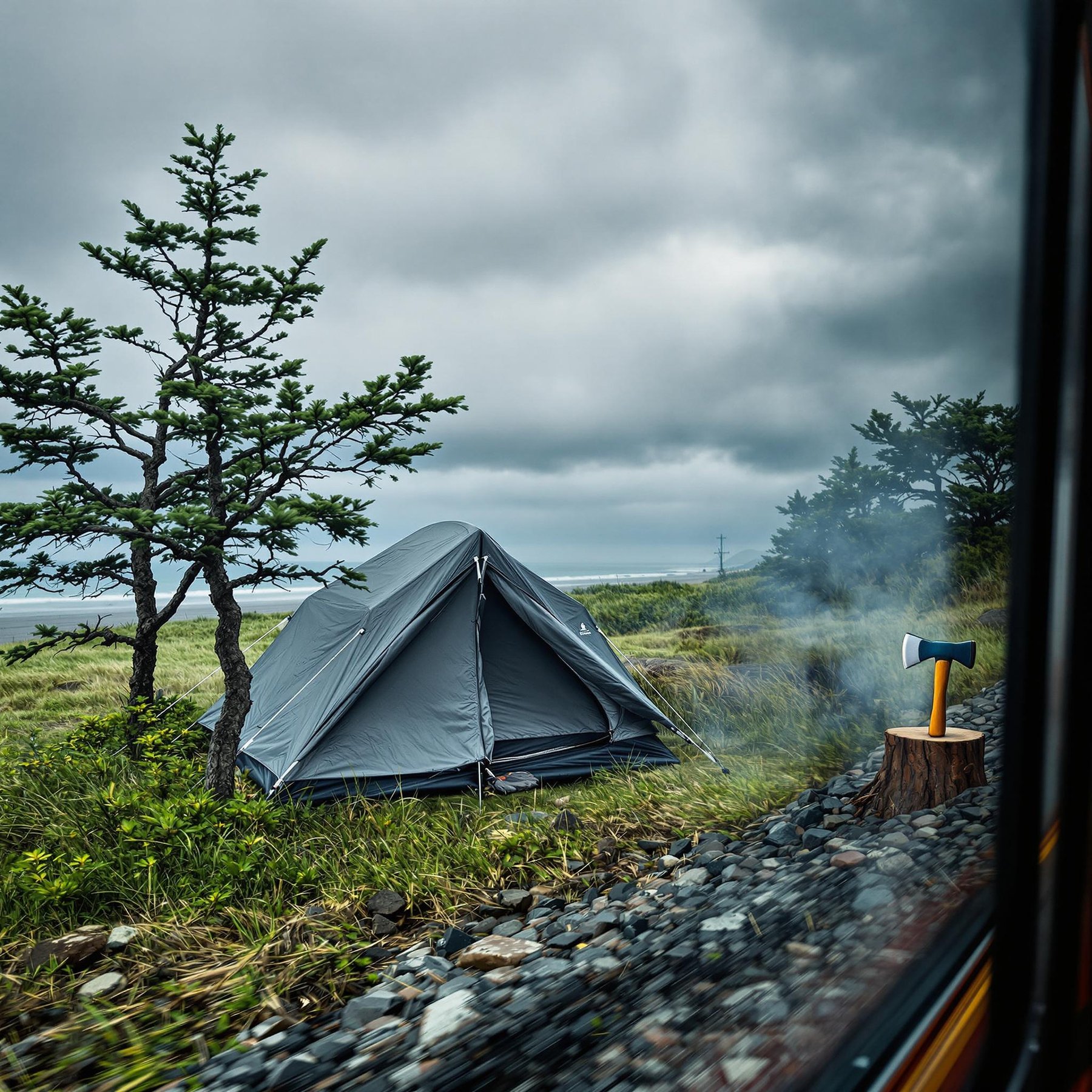 A dark gray tent rests among tall grass and rocks near San Diego Beach. Storm clouds hang over the small trees, creating a cool, wild mood. An axe sticks out of a tree stump beside the campsite, seen from a passing train.