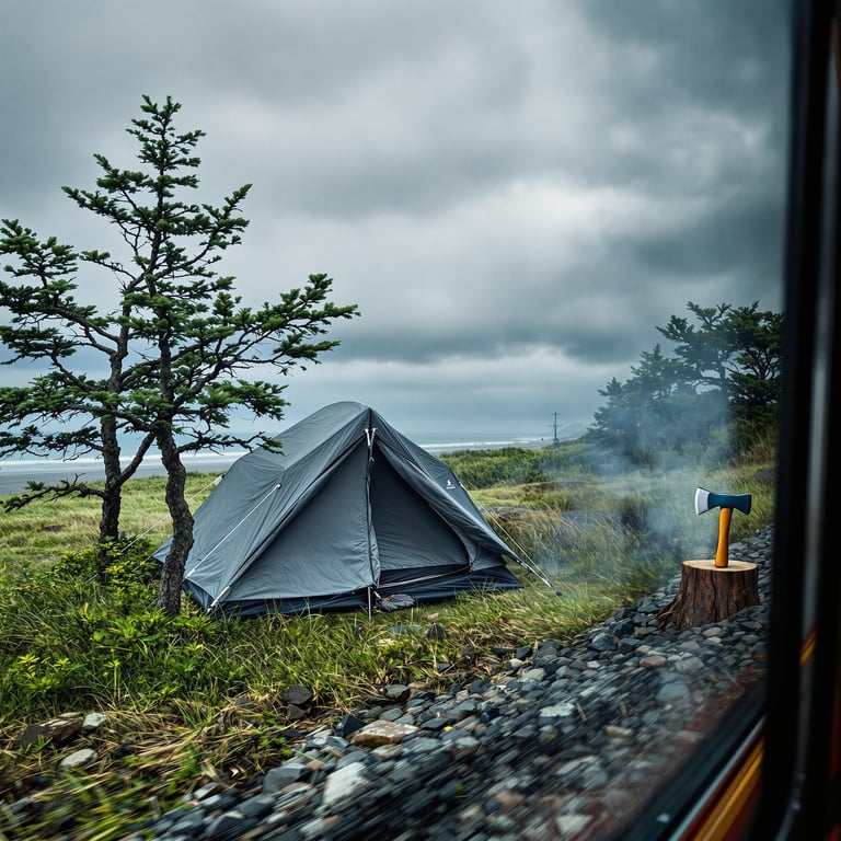 A dark gray tent rests among tall grass and rocks near San Diego Beach. Storm clouds hang over the small trees, creating a cool, wild mood. An axe sticks out of a tree stump beside the campsite, seen from a passing train.