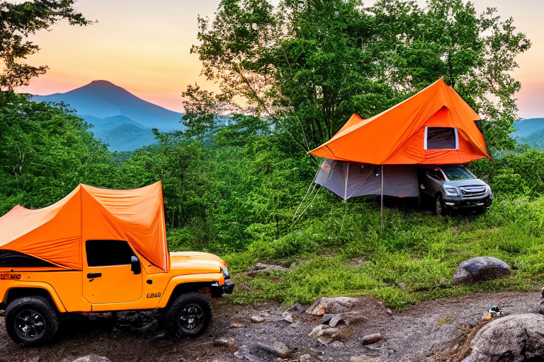 An orange jeep with a rooftop tent rests on a paved campsite in the Smoky Mountains. Rainy skies glow with sunset light as tall trees and a large rock surround the camp, while birds fly overhead.